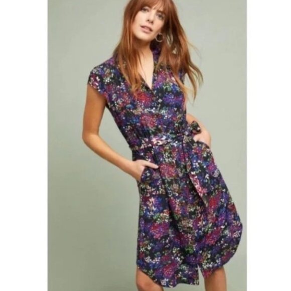Anthropologie 32 of 52 Conversations Colloquial Floral Collared Midi Dress Sz 2 - Picture 1 of 13